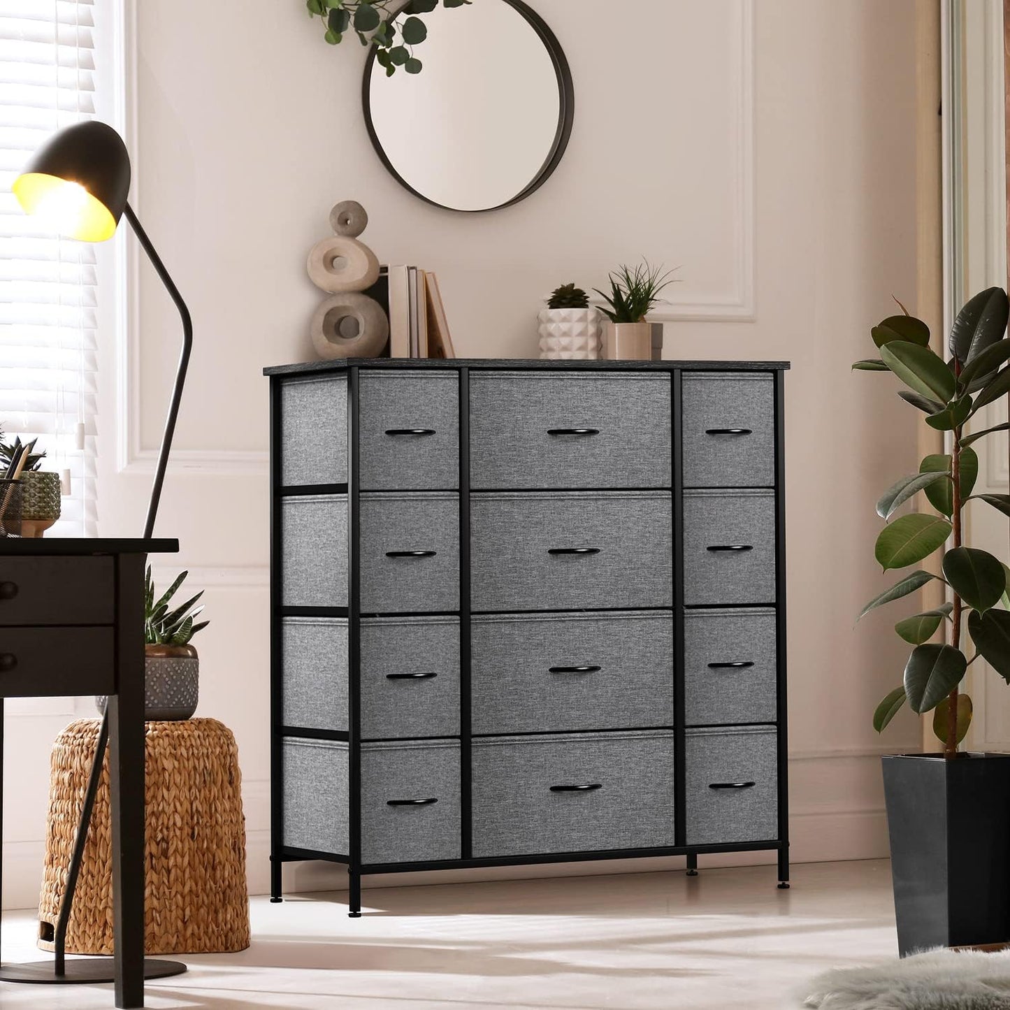 Dresser with 12 Drawers - Chest Organizer Unit with Steel Frame Wood Top & Handle Easy Pull Fabric Bins for Clothes - Large Storage Furniture for Bedroom, Hallway, Living Room, Nursery & Closet